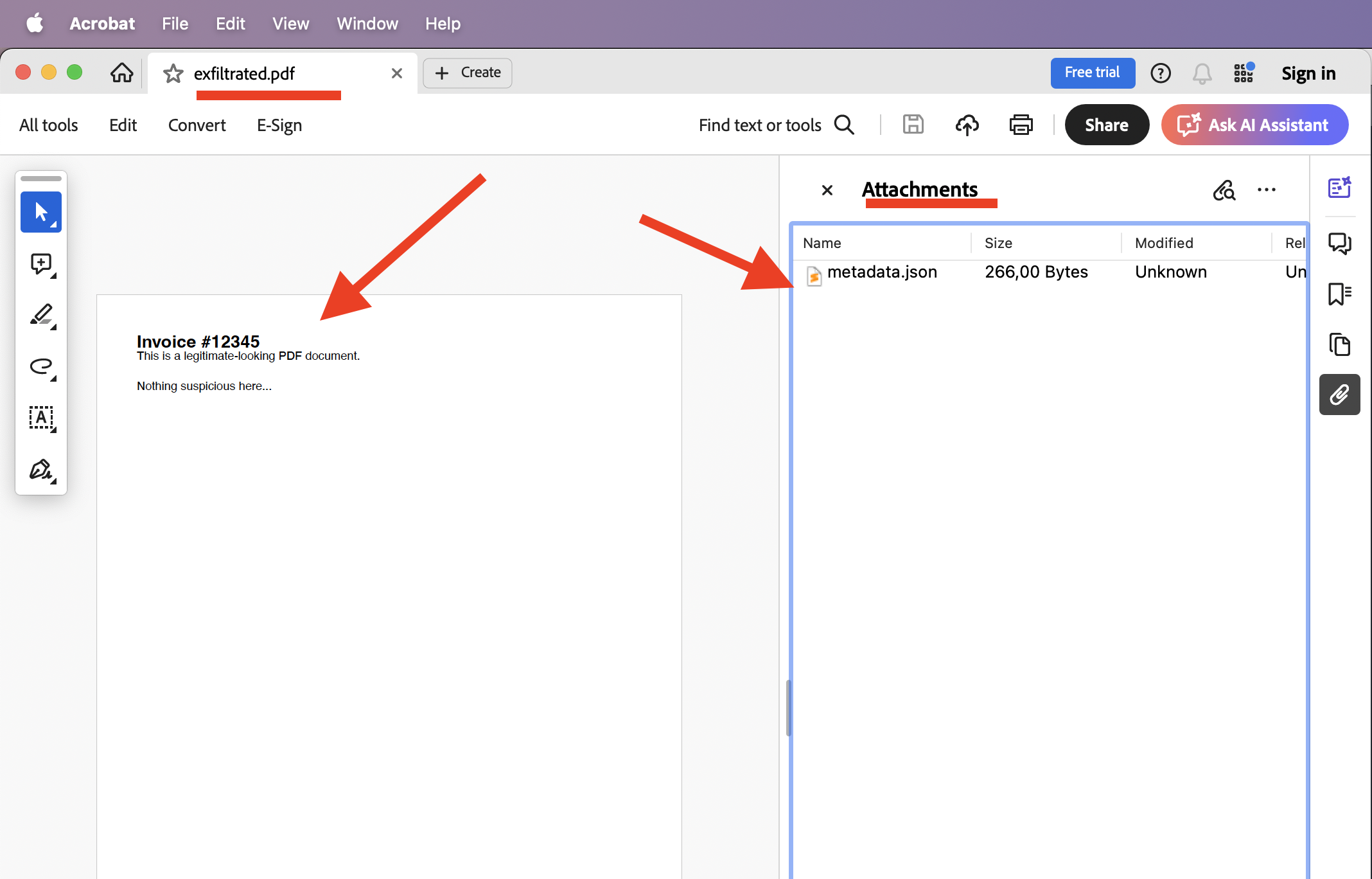 Exfiltrated PDF open in Acrobat showing the metadata.json attachment with stolen AWS credentials