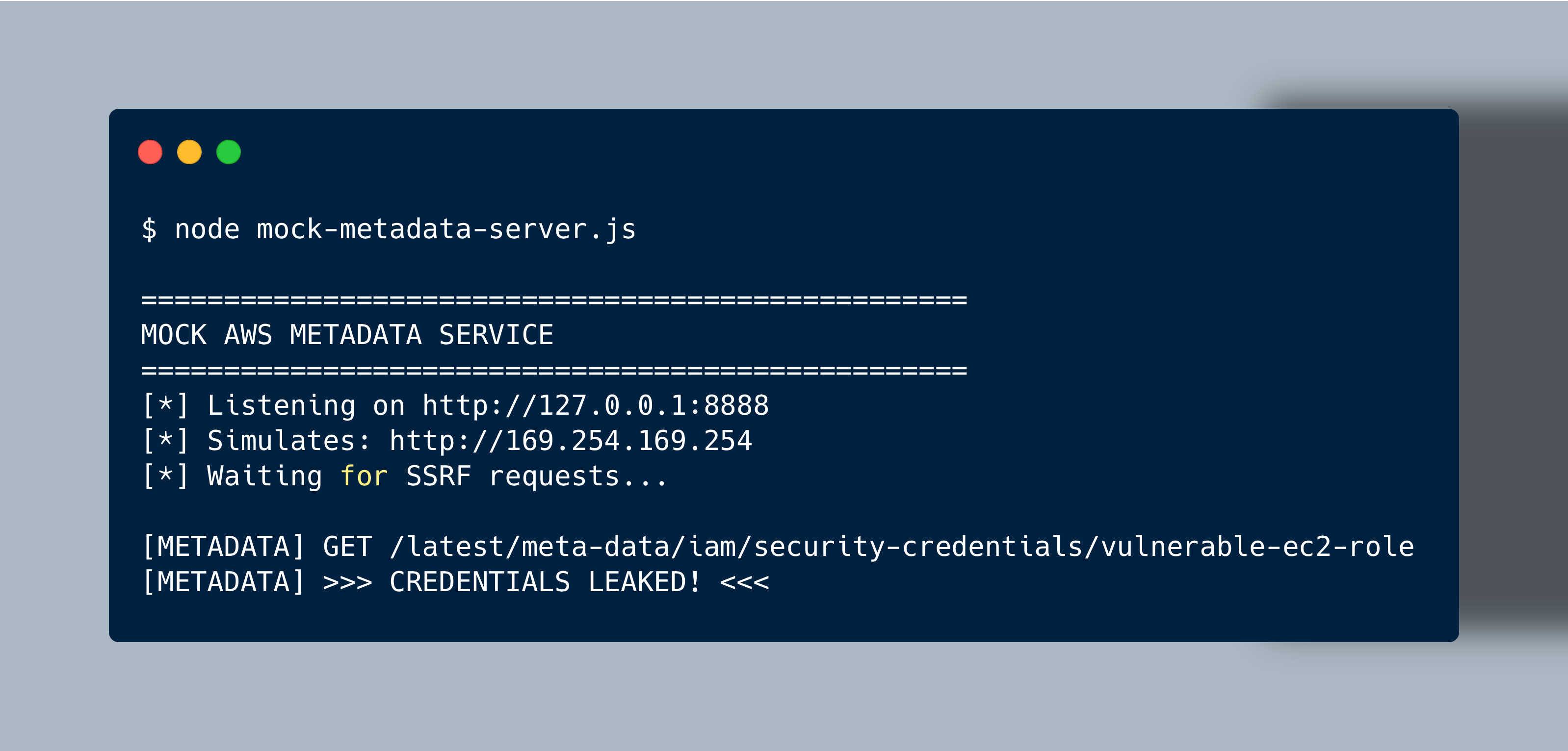 Terminal 1 — Mock metadata server showing CREDENTIALS LEAKED