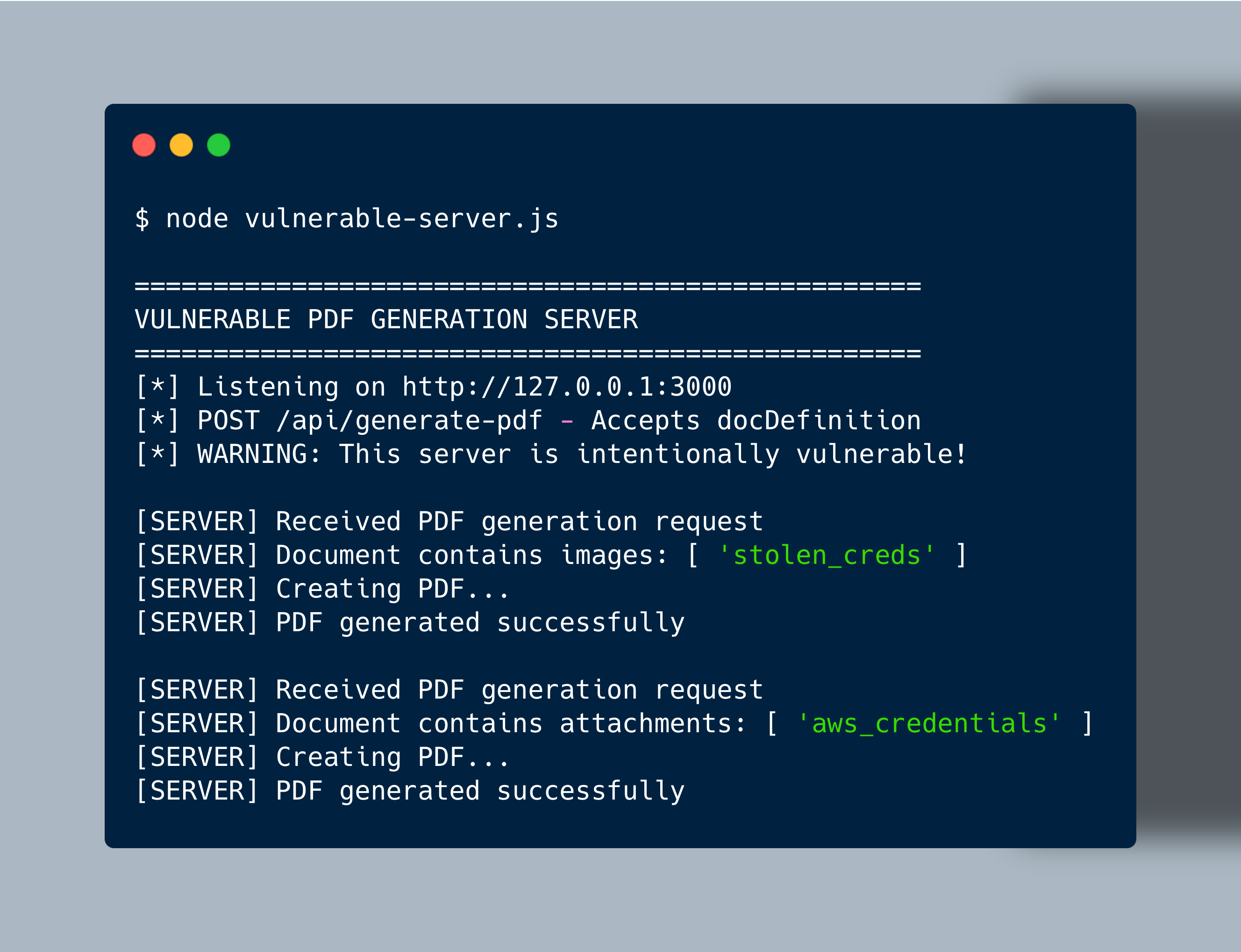 Terminal 2 — Vulnerable server processing the malicious request